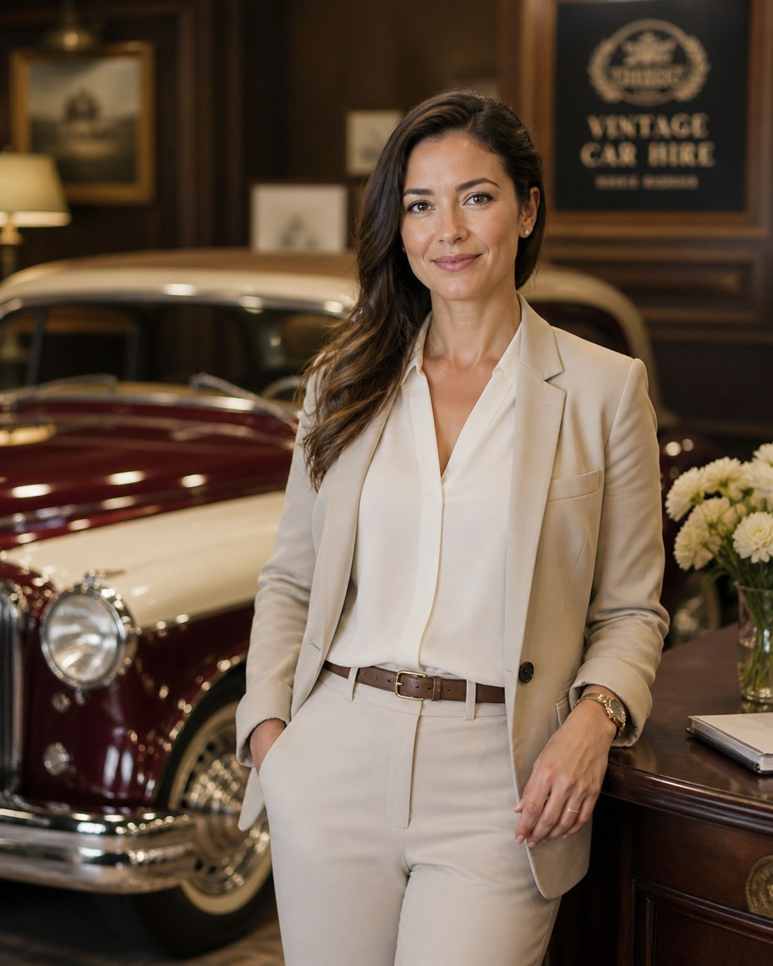 Manažerka rezervací v elegantním showroomu retro automobilů