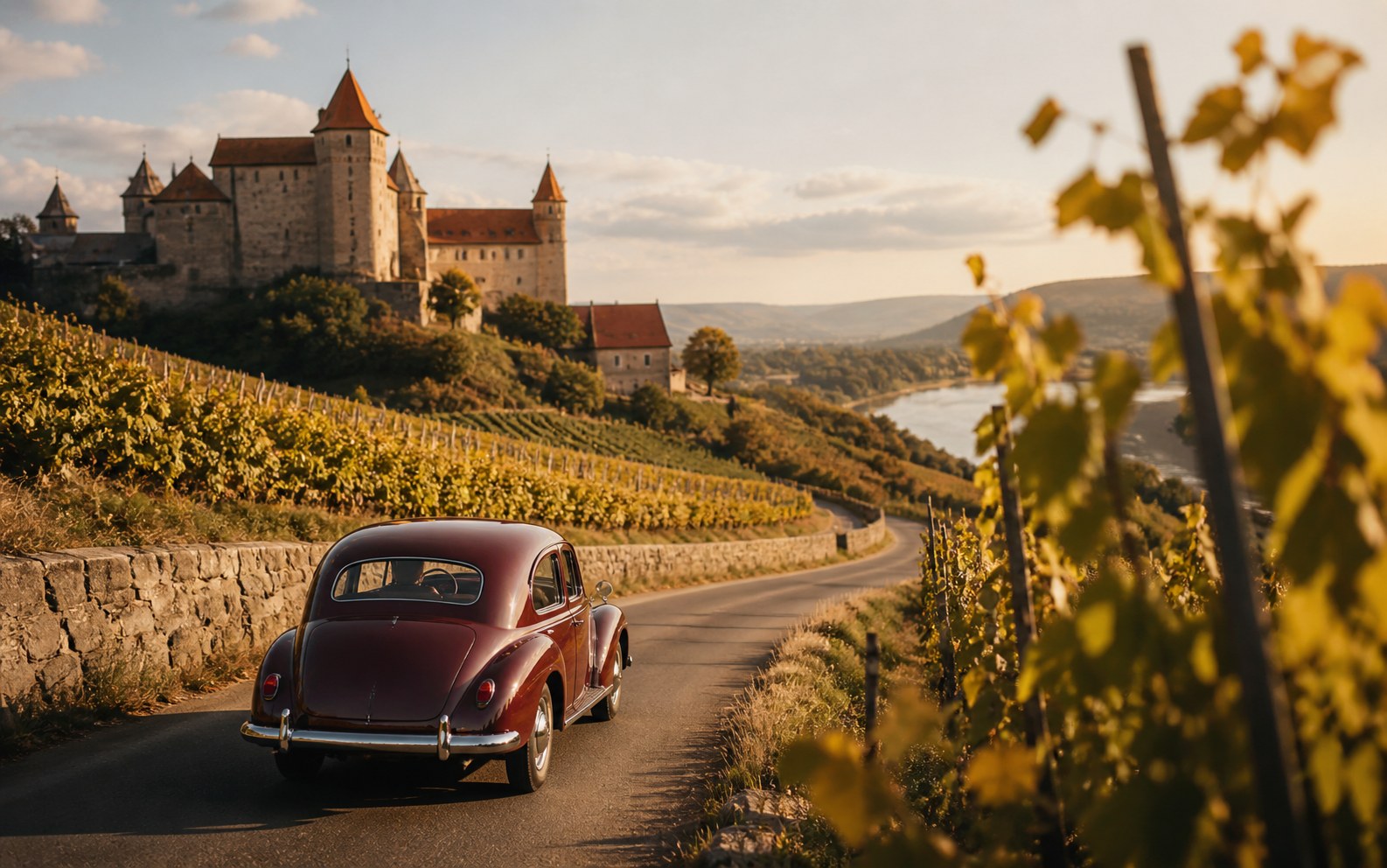 Scénická trasa s retro autem českou krajinou